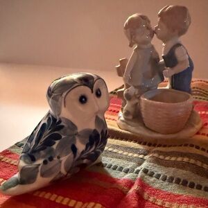 Colonial Candle boy and girl figurine, Blue and White Ceramic Owl Figurine